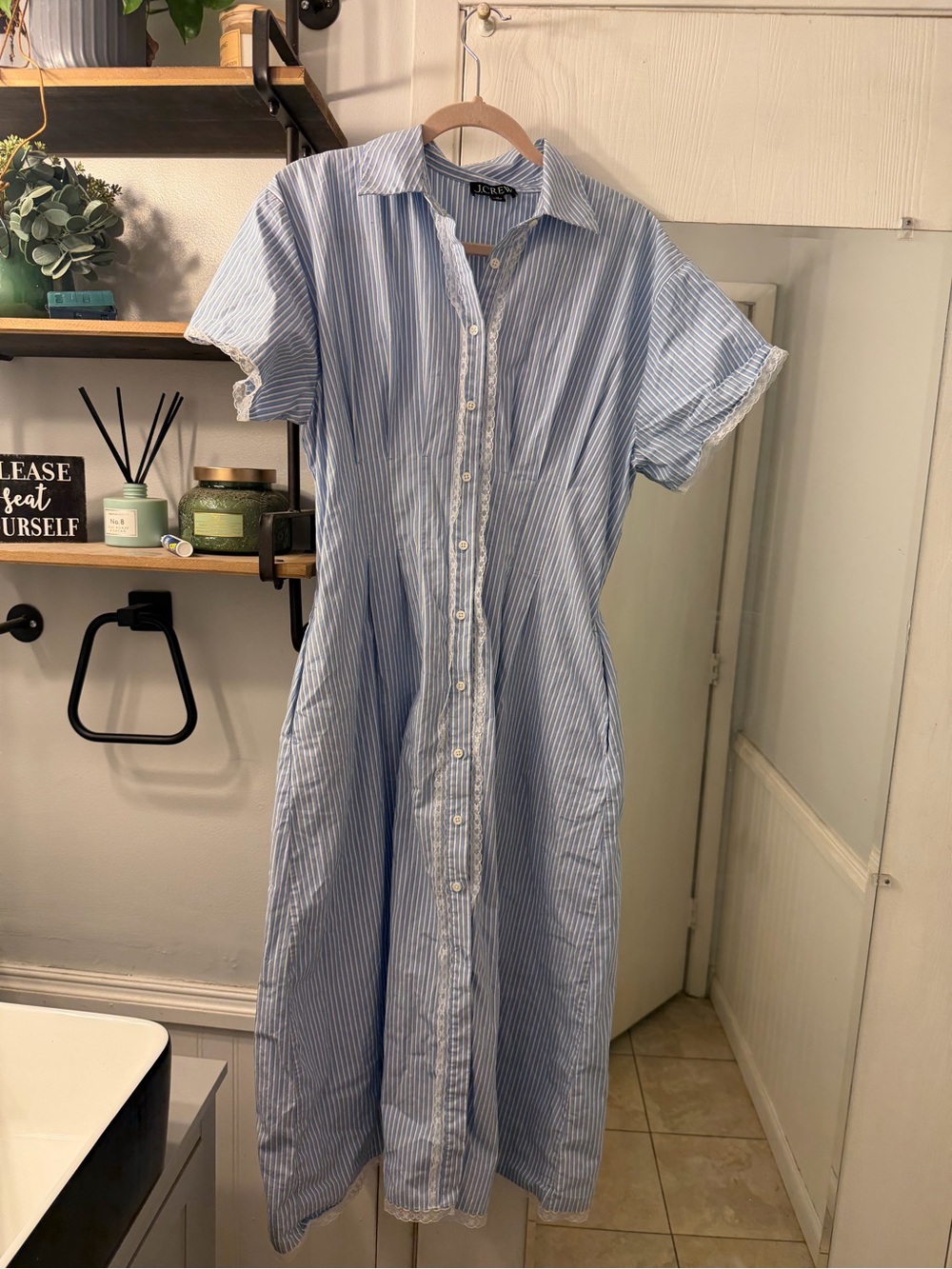 J. Crew Light Blue & White Striped Midi Shirt Dress